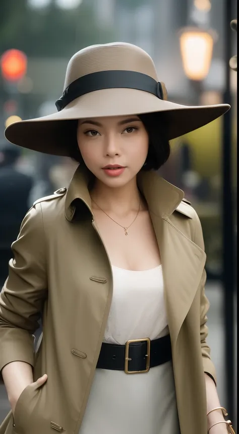 Create a dramatic film noir scene with the Malay woman in a classic trench coat and fedora, standing under a dimly lit streetlamp in the rain, capturing the essence of a vintage detective movie