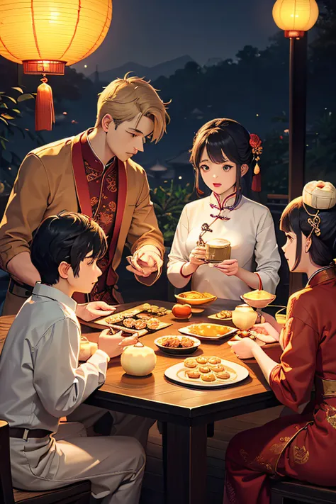 A family eats mooncakes，There are mooncakes on the table, Food in hand, tea drinking and paper lanterns, Bright moon,Chinese style painting, exciting illustration