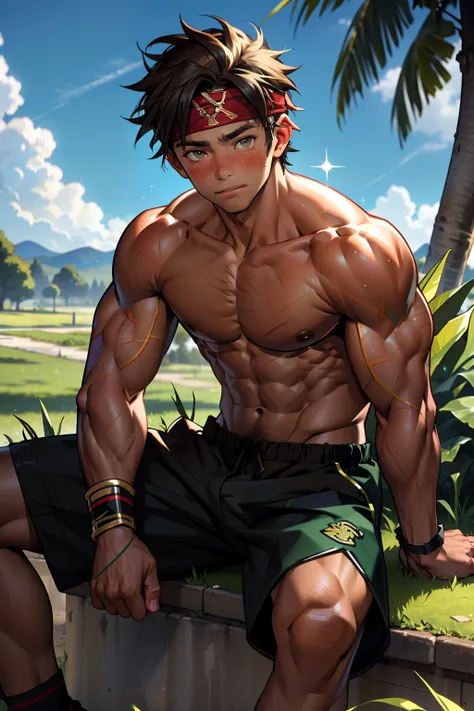 (Masterpiece, Best quality 12 year old boy，Shota), 1boys, Young,Muscular, Short hair, with brown eye, Intricate, Grass, full bodyesbian, Shirtless, Muscles sparkle in the sun,Black shorts,  green headband, Vivid colors,(Depth of field:1.2),(Abs),Blush, vie...