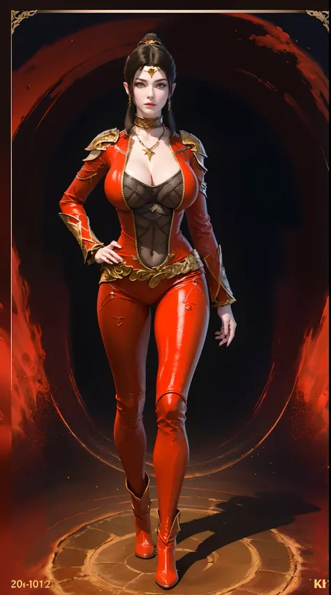 A MATURE WOMAN, 1GIRL, PONYTAIL, HUGE FAKE BOOBS, (BEAUTIFUL FACE), RED KNIGHT ARMOR BODY, GLOVE, BREASTSPLATE, OPEN JACKET, (CLEAVAGE), (SKINTIGHT YOGA PANTS), (KNIGHT BOOTS), (PERFECT BODY:1.2), (FULL BODY VIEW), LOOKING AT VIEWER, (STANDING:1), MUSCLE A...