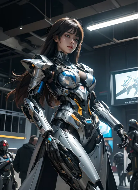 Textured skin, Super Detail, high details, High quality, Best Quality, hight resolution, 1080p, hard disk, Beautiful,(cyborgs),beautiful cyborg woman,Mecha Cyborg Girl,Battle Mode,Girl with a Mecha Body,She wears a futuristic combat cyborg mech,