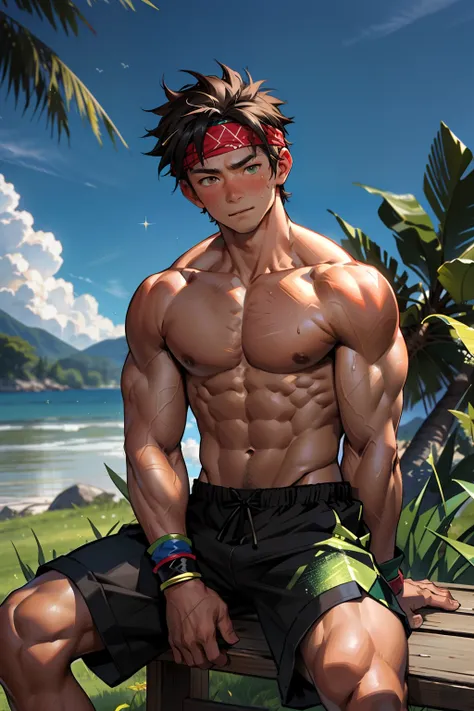 (Masterpiece, Best quality 12 year old boy，Shota), 1boys, Young,Muscular, Short hair, with brown eye, Intricate, Grass, full bodyesbian, Shirtless, Muscles sparkle in the sun,Black shorts,  green headband, Vivid colors,(Depth of field:1.2),(Abs),Blush, vie...