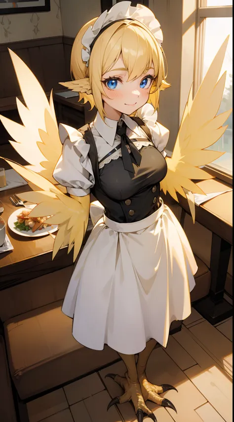 1girl,solo,happy face,maid outfit,medium tits,light blonde hair,short hair,blue eyes,harpy,(((blonde wings))),claws,no arms,(((standing in a restaurant)))