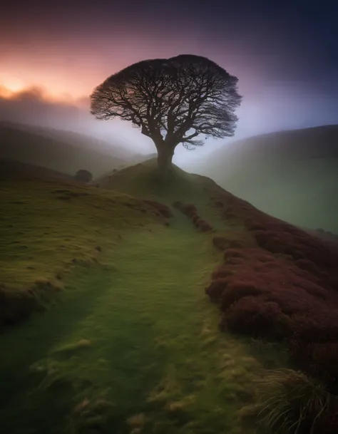 top quality, 1 sycamore gap in the valley, fog, night backgroud