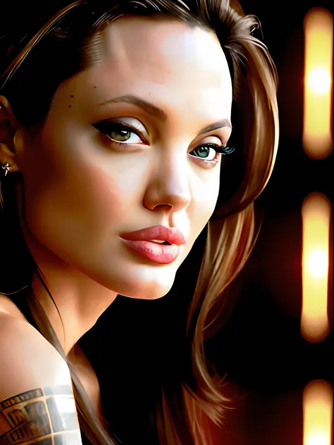 Portrait of a beautiful Angelina Jolie in her prime, beautiful eyes and skin, plump lips, looking seductively into the camera with cinematic lighting highlighting her beauty and charisma