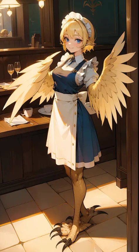 1girl,solo,happy face,maid outfit,medium tits,light blonde hair,short hair,blue eyes,harpy,(((blonde wings))),claws,no arms,(((standing in a restaurant)))