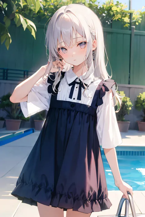 1girl in, (masutepiece:1.1), (Best Quality:1.1), camisole、(in poolside :1.1), Cowboy Shots, silber hair, length hair, , verd s eyes, sideways Facing,