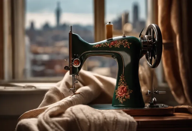 (Best Quality,4k,8K,hight resolution,Masterpiece:1.2),Ultra-detailed,(Realistic,Photorealistic,photo-realistic:1.37),Sewing machine by the open window overlooking the city,Sewing a mannequin next to the machine,illustartion,soft-lighting,Subtle shadows,Sti...