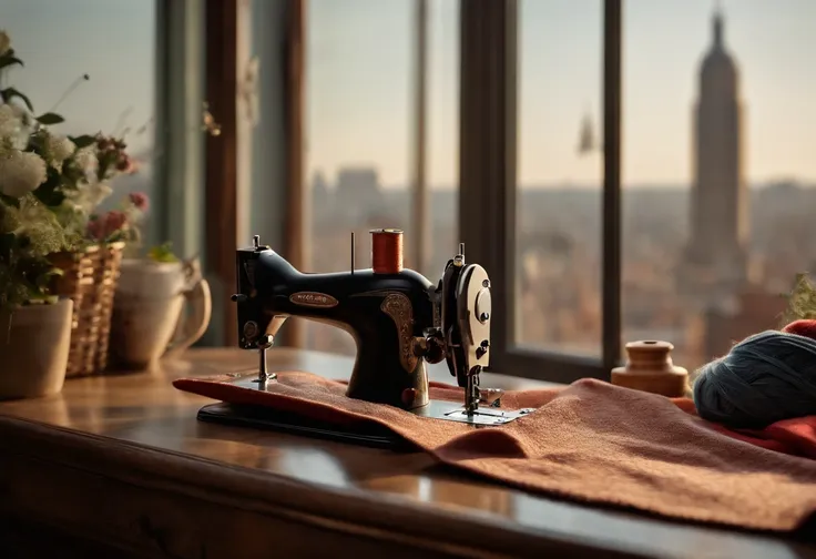 (Best Quality,4k,8K,hight resolution,Masterpiece:1.2),Ultra-detailed,(Realistic,Photorealistic,photo-realistic:1.37),Sewing machine by the open window overlooking the city,Sewing a mannequin next to the machine,illustartion,soft-lighting,Subtle shadows,Sti...