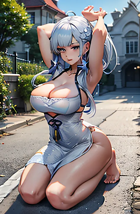 illustrious (maiden lilys radiance) (azur lane);
mature woman jumping in front of a huge gate in the front of a elegant and harmoniac mansion, with her arms lift up, wearing a short and sexy blue and white dress, her feet are bare; older female; long plati...