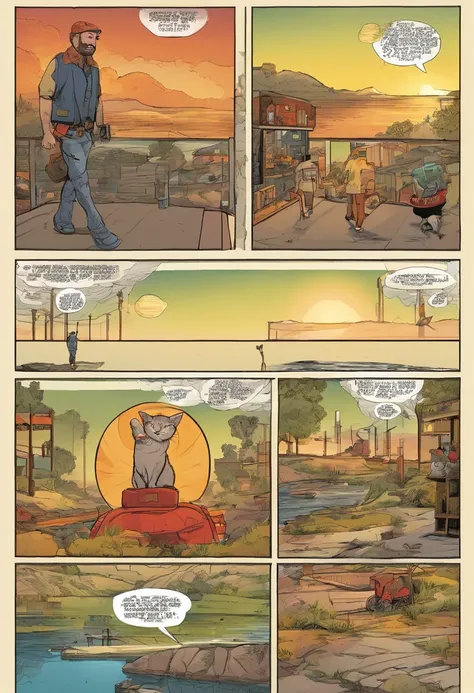 American comics, the comic story is presented in multiple irregular panels with color. The American Shorthair cat goes through hardships while running away from home and then reunites with its owner. The style is exaggerated and detailed