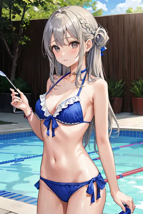 1girl in, (masutepiece:1.1), (Best Quality:1.1), The bikini、(in poolside :1.1), Cowboy Shots, silber hair, length hair, , verd s eyes, sideways Facing,