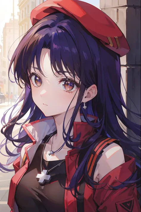 misatokatsuragi, misato katsuragi, long hair, (brown eyes:1.5), blue hair, purple hair,
break hat, dress, bare shoulders, jewelr...