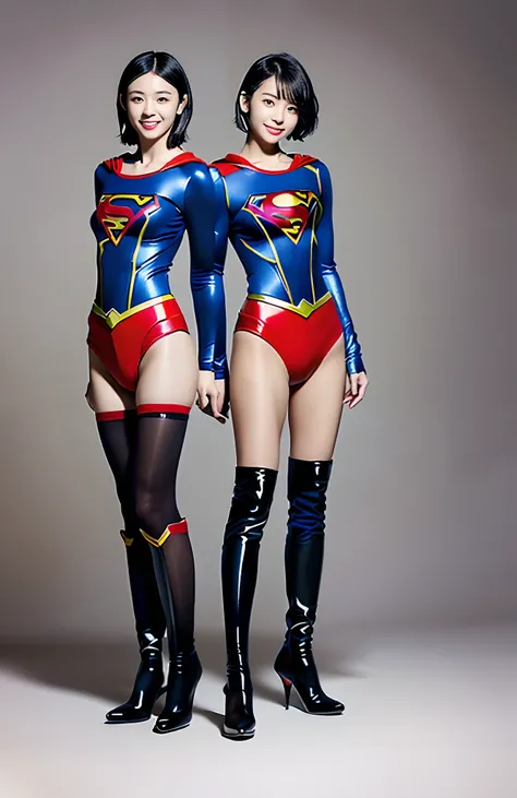 Be sure to wear black tights、(((Make the most of the original image)))、(((Supergirl Costume)))、(((shiny short hair)))、(((Suffering)))、(((Feet must necessarily be worn with black tights)))、(((Smile)))、(((You need to wear red boots)))、((Top image quality、8K)...