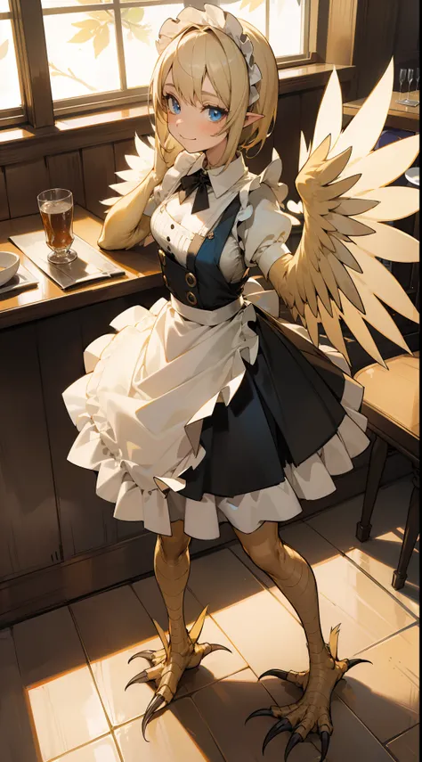 1girl,solo,happy face,maid outfit,medium tits,light blonde hair,short hair,blue eyes,harpy,(((light blonde wings))),claws,no arms,(((standing in a restaurant)))