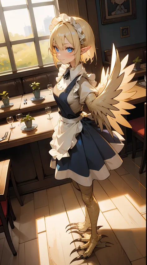 1girl,solo,happy face,maid outfit,medium tits,pointy ears,light blonde hair,short hair,blue eyes,harpy,(((light blonde wings))),claws,no arms,(((standing in a restaurant)))