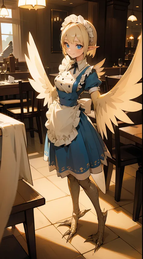 1girl,solo,happy face,maid outfit,medium tits,pointy ears,light blonde hair,short hair,blue eyes,harpy,(((light blonde wings))),claws,no arms,(((standing in a restaurant)))