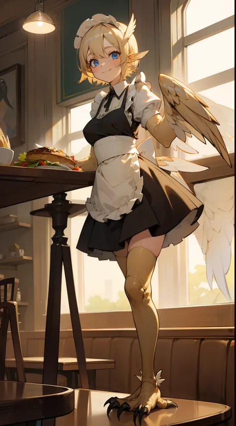 1girl,solo,happy face,maid outfit,medium tits,normal ears,light blonde hair,short hair,blue eyes,harpy,(((light blonde wings))),claws,no arms,(((standing in a restaurant)))