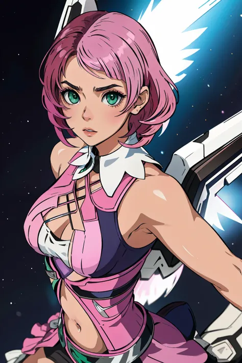 Alisa Rosto bonito, Symmetrical perfect green eyes, cabelo curto rosa multicor, mechanical wings, Tekken obra-prima, melhor qualidade, Girl with pink rainbow hair, cabelo realmente selvagem