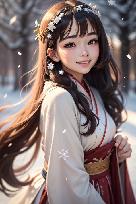 (best quality,4k,highres,masterpiece:1.2),ultra-detailed,long-haired girl with a healing smile,wearing a white Hanfu,standing in the snow,with her hair fluttering in the wind,beautiful detailed eyes and face, long eyelashes, soft facial features, bright an...