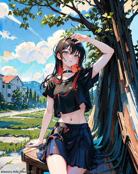 (Realistic painting style:1.0), Masterpiece, Best quality, absurderes, comic strip, illustration,
1 girl, long hair, cute girl, young and cute girl, Korean girl, {Breasts}, hana, 
a girl sitting on a rock near a tree in a black dress, wearing a sexy croppe...