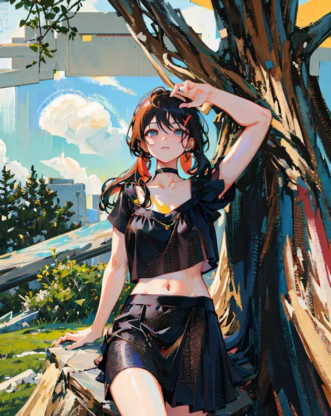 (Realistic painting style:1.0), Masterpiece, Best quality, absurderes, comic strip, illustration,
1 girl, long hair, cute girl, young and cute girl, Korean girl, {Breasts}, hana, 
a girl sitting on a rock near a tree in a black dress, wearing a sexy croppe...