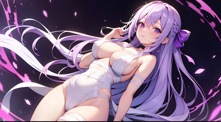 1 girl, game CG, long bandage wrapped around body, bandage over naked, hair ribbon, gigantic breasts, light purple hair, long hair, french braid, purple eyes, Halloween background,