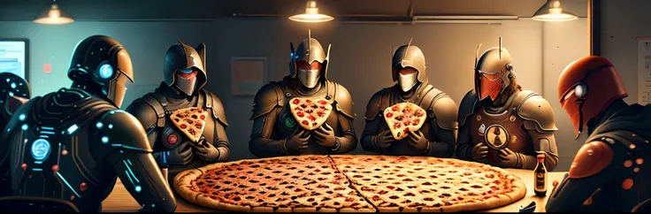 Cyberpatriot team crowding around the lone pizza box as the Linux main tries to unbreak his script, colorized 2024