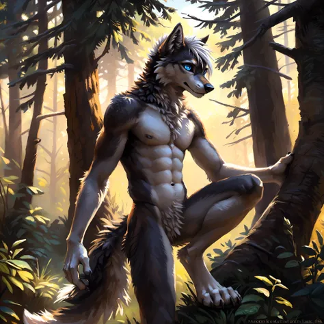 ((Solo)), male people, anthro wolf, (Multi-colored fur, White-brown:1.3，White tail pointed), ((Wolf face, White hair, Big eyes, White eyelids, Blue pupil, Slim:1.2) (Tough, Calm expression:1.2)), Abs, Slim, pinging)), (Correct anatomy), Naked,A big tail，Fe...