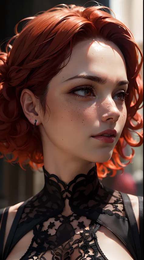 (Detailed face features:1.3), (((1mature woman))), standing wearing a long dress, (close-up photo, face picture, zoom in, side view:1.4), (side face photo, 16k, masterpiece, best quality: 1.2), (high detailed skin), (curly red hair), (freckles, red eyes, d...