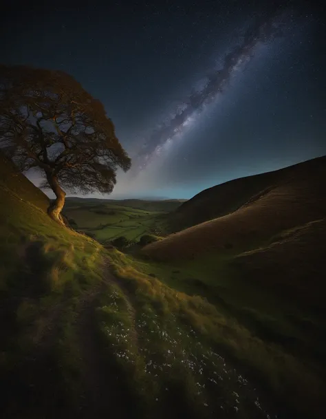 sycamore gap in the valley, night background with stars