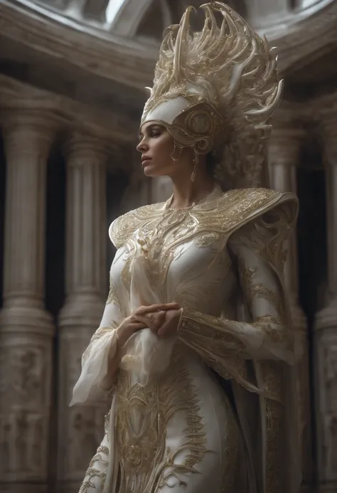 Crie uma obra de arte em 3D de uma mulher celestial usando um vestido branco com (((detalhes intrincados de pedras de safira))). A obra deve incorporar a (((best possible quality))), with an emphasis on (((detalhes extremos))) e uma (((Complex composition)...