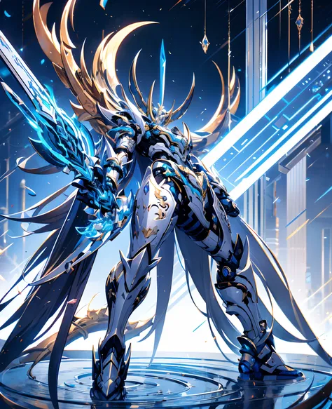 futuristic tech style,blue and white mech，all surrounded by particle dragons，with a spear，in a fighting stance，（《romance of the ...