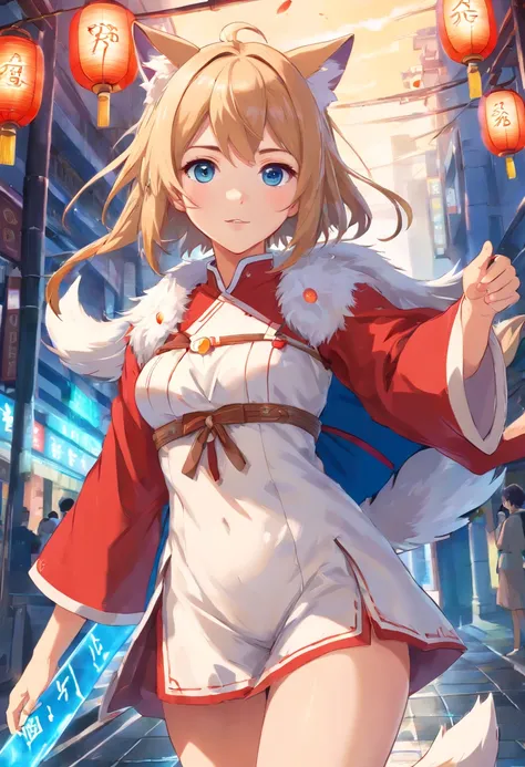 (Best quality:1.4), A high resolution, Masterpiece,, 1girll,, whaite hair, Blue eyes, (kemomimi), Medium breasts, Bare slender thighs,, Fox ear fur ornaments, (Red|White Japanese Shinmitsu costume), Detached sleeves,, Blush,, lantern, Shrine,, Detailed fac...