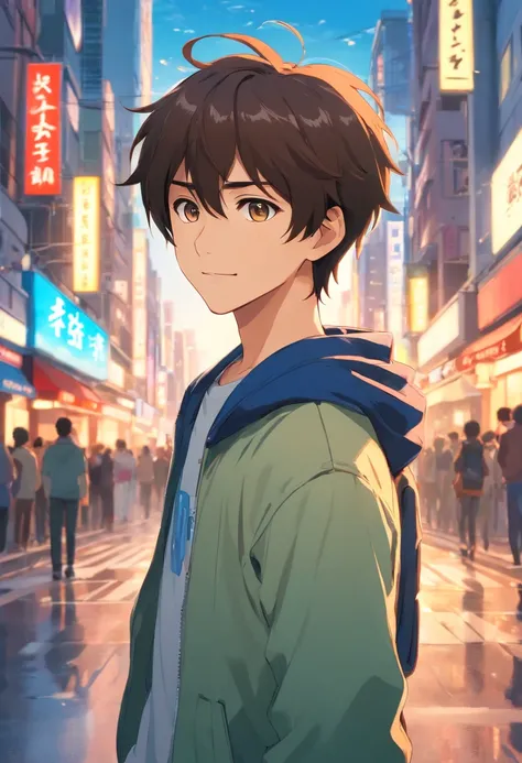 A boy, transformed into an anime style, with exaggerated unique facial features and clothing, standing on a bustling city street, backlit background highlighting the subject, high-contrast colors, 4K high-definition quality，young, smiling, handsome