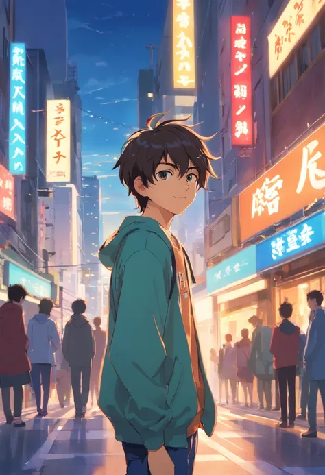 A boy, transformed into an anime style, with exaggerated unique facial features and clothing, standing on a bustling city street, backlit background highlighting the subject, high-contrast colors, 4K high-definition quality，young, smiling, handsome