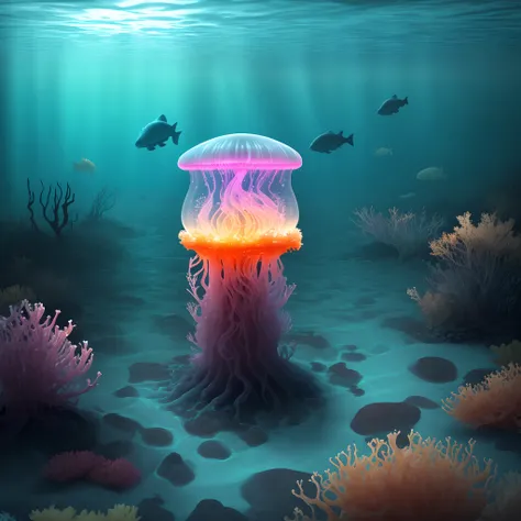 A nightmarish underwater scene, with glowing jellyfish. The water is murky and the seabed is littered with bones and wreckage 64k quality wierdcore ultra hd