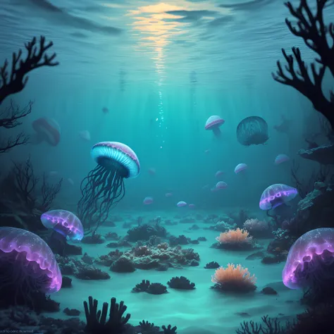 A nightmarish underwater scene, with glowing jellyfish. The water is murky and the seabed is littered with bones and wreckage 64k quality wierdcore ultra hd