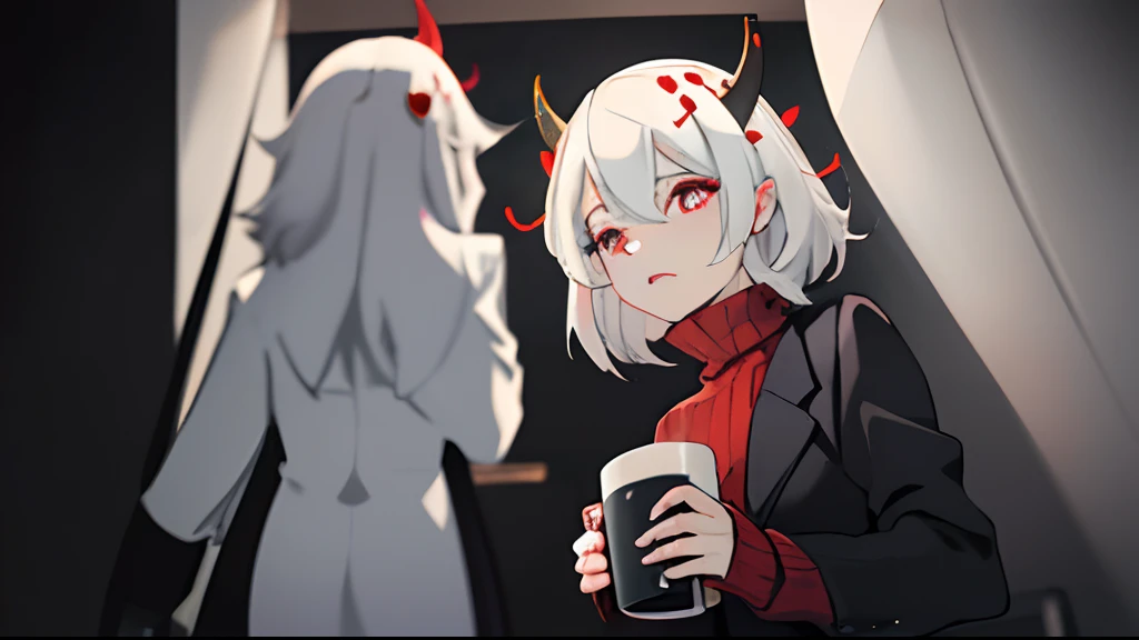 Masterpiece, (1 girl) Best Quality, htModeus, (demon tail), red ribbed sweater,high neck, black skirt, black jacket, black horns, toasting with a mug of beer in hand, red eyes, (((white hair))),medium short hair, trumpets, hearts, (heart-shaped pupils), pa...