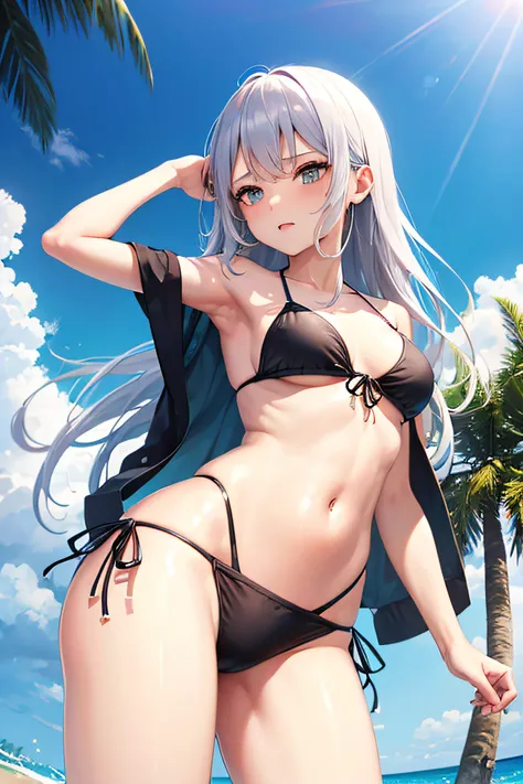 1 girl in, (masutepiece: 1.1), (Best Quality: 1.1), The bikini, (Beach: 1.1)、From below、Cowboy Shot, Silver hair, Long hair, Green eyes, Side view,