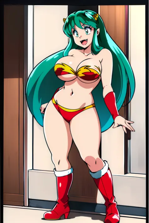 lum, superhero costume,, standing,, boots, oni, smile,, full body, sentai, bikini, horns, curvy, big breast, open mouth teeths, fangs