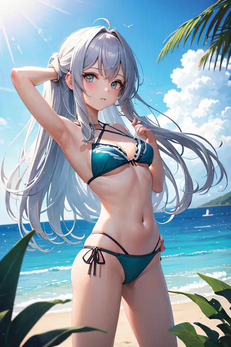 1 girl in, (masutepiece: 1.1), (Best Quality: 1.1), The bikini, (Beach: 1.1)、From below、Cowboy Shot, Silver hair, Long hair, Green eyes, Side view,