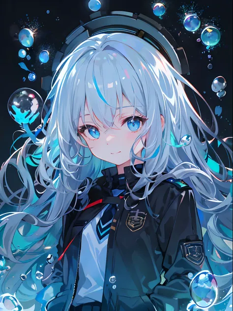 ((top-quality)), ((​masterpiece)), ((ultra-detailliert)), (extremely delicate and beautiful), girl with, 独奏, cold attitude,((Black jacket)),She is very(relax)with the(Settled down)Looks,A dark-haired, depth of fields,evil smile,Bubble, under the water, Air...