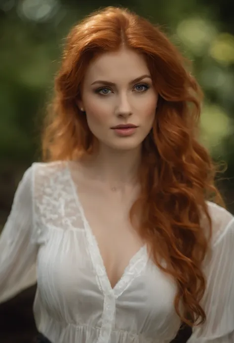 professionnel, (Photo 4K:1.1)  (mise au point nette:1.3), High detail, Porter (Chemise moulante:1.2), beautifull detailed face, An attractive woman with long red hair looks at the camera, resembling actress Katherine McNamara, Panasonic Lumix S Pro 50mm F/...