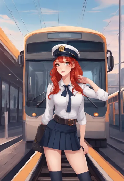 1girl in, Solo, Red hair, Red Eyes, Twin-tailed, employee uniform, pencil skirts, Skull Print, Navy Cap, Orange sky,, Outdoors, train station, Stand in front of the bus,,