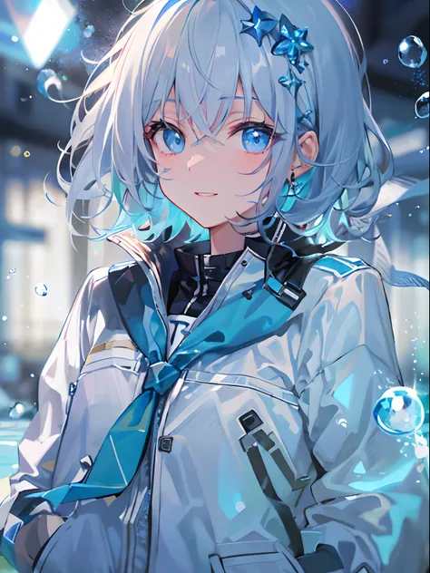 ((top-quality)), ((​masterpiece)), ((ultra-detailliert)), (extremely delicate and beautiful), girl with, 独奏, cold attitude,((Black jacket)),She is very(relax)with the(Settled down)Looks,A dark-haired, depth of fields,evil smile,Bubble, under the water, Air...