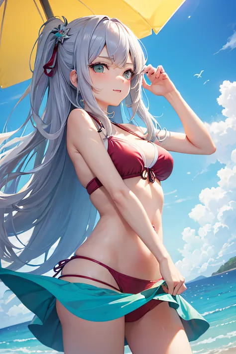 1 girl in, (masutepiece: 1.1), (Best Quality: 1.1), colorful bikini, (Beach: 1.1)、From below、Cowboy Shot, Silver hair, Long hair, Green eyes, Side view,