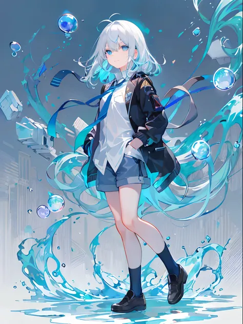 ((top-quality)), ((​masterpiece)), ((ultra-detailliert)), (extremely delicate and beautiful), girl with, 独奏, cold attitude,((Black jacket)),She is very(relax)with the(Settled down)Looks,A dark-haired, depth of fields,evil smile,Bubble, under the water, Air...