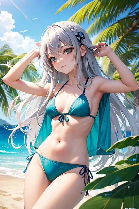 1 girl in, (masutepiece: 1.1), (Best Quality: 1.1), colorful bikini, (Beach: 1.1)、From below、Cowboy Shot, Silver hair, Long hair, Green eyes, Side view,