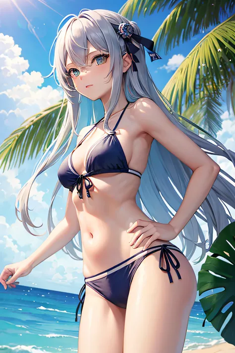 1 girl in, (masutepiece: 1.1), (Best Quality: 1.1), colorful bikini, (Beach: 1.1)、From below、Cowboy Shot, Silver hair, Long hair, Green eyes, Side view,